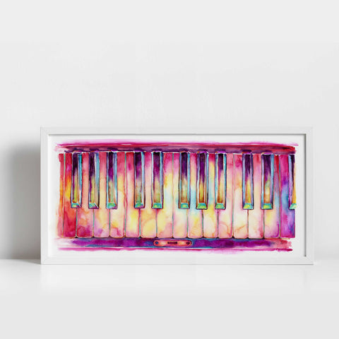A colorful watercolor painting of a piano keyboard.
