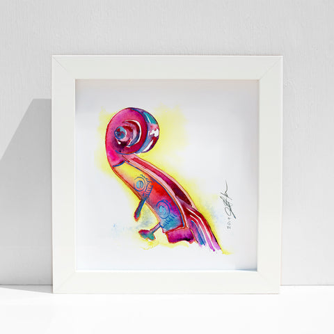 A framed watercolor painting of a colorful, abstract representation of an upright bass's headstock, with vibrant pink and yellow tones.