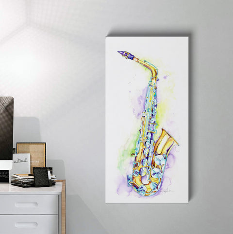 large painting of a brightly colored saxophone