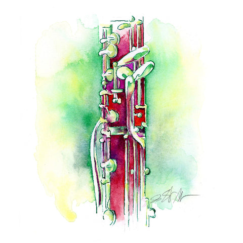 Colorful illustration of a clarinet on a watercolor background