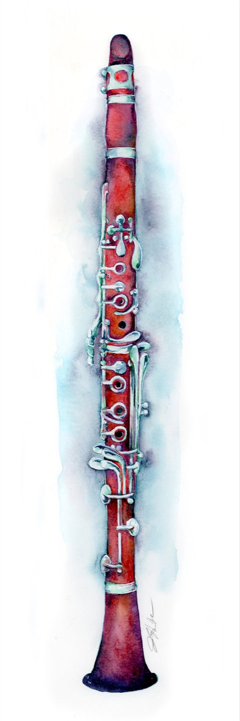 Red clarinet watercolor on a watercolor blue and white background