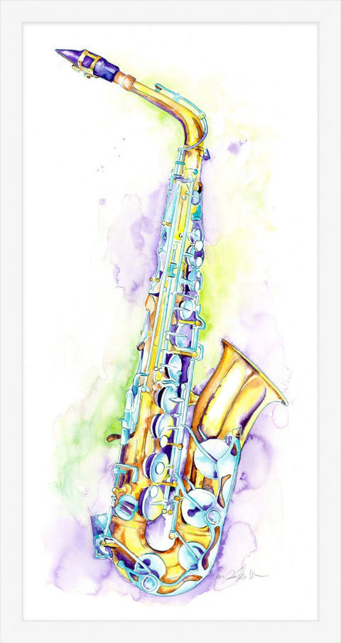 Colorful watercolor illustration of a saxophone on a white background