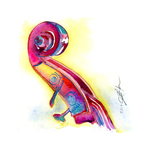 Pink and Yellow Bass Headstock - Upright Bass Small watercolor art