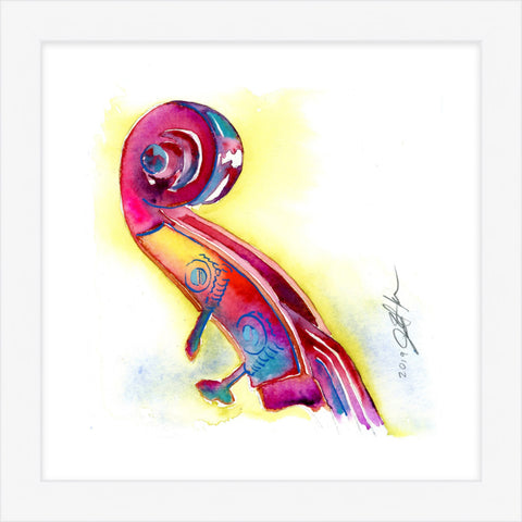 Pink and Yellow Bass Headstock - Upright Bass Small watercolor art
