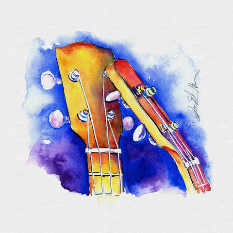 Kissing Cousins 8" x 8" painting of two ukuleles on blue