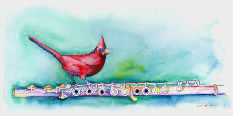 A Different Perch Art with a flute and cardinal — framed print by Jamie Hansen