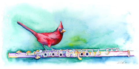 A Different Perch Art with a flute and cardinal — framed print by Jamie Hansen