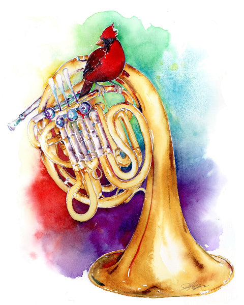 A colorful cardinal sitting on a French horn. 