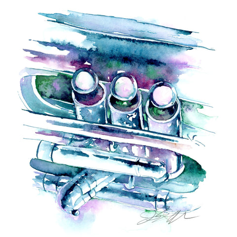 Colorful watercolor painting of a trumpet on a white background
