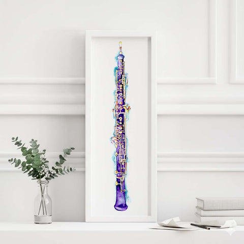 Colorful oboe in a white frame on a light gray background with a vase and books.