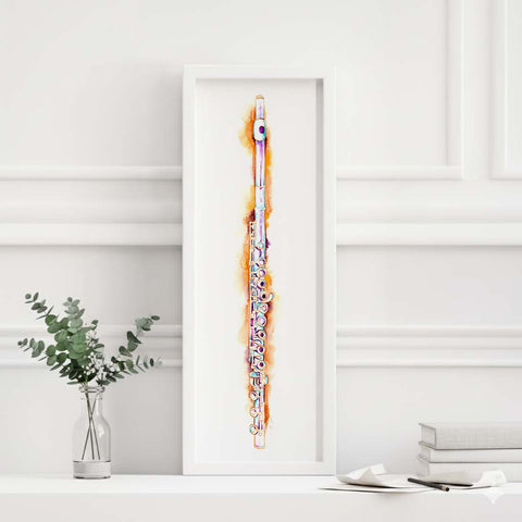 Framed artwork of a flute on a white surface with a minimal background