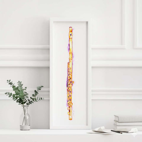 Decorative flute in a white frame on a light gray wall with a vase and books below.