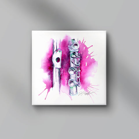 Decorative wall art with a flute and abstract pink and purple design on a white background.