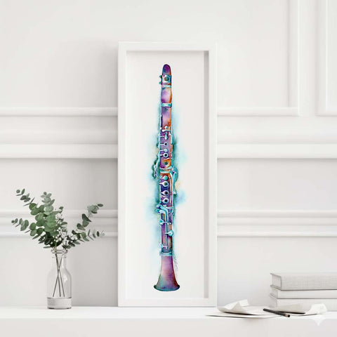 Framed artwork of a colorful clarinet on a white wall with minimal decor.
