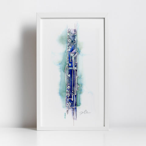 Framed artwork of a blue and silver musical instrument on a white background