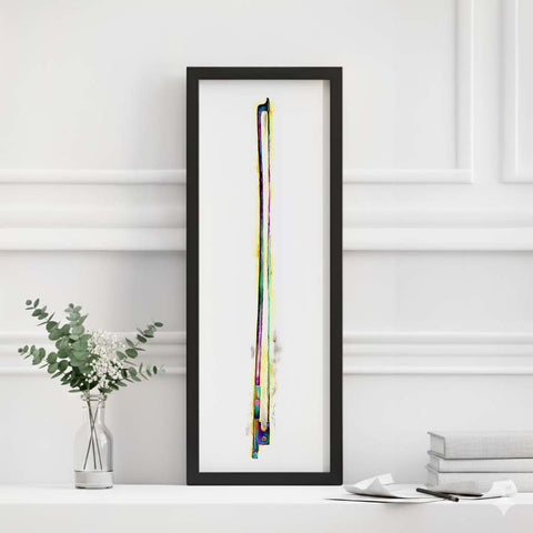 Framed abstract violin bow artwork with vertical color streaks on a white wall.