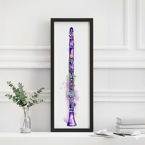 Framed artwork of a purple clarinet on a white wall with decorative elements.