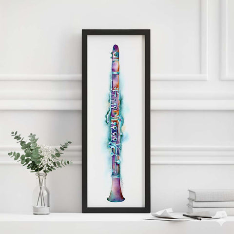 Framed artwork of a colorful clarinet on a white wall with minimal decor.