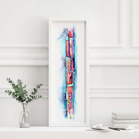 Colorful abstract artwork of a bassoon on a white wall with minimal decor.