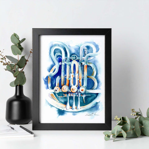 Framed artwork of a musical instrument with a black frame on a white surface.
