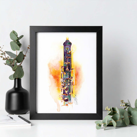 Framed artwork of a colorful oboe on a white background with decorative elements.