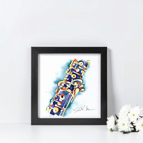 Framed artwork of a colorful oboe on a white background with flowers.