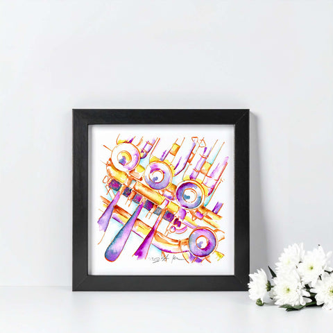 Framed colorful abstract art piece on a white wall with flowers in the corner.