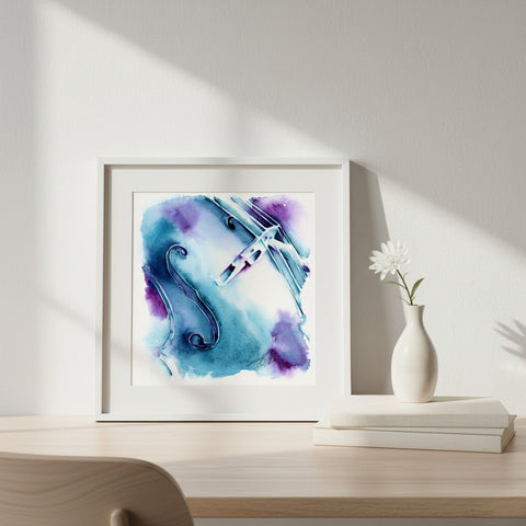 Framed abstract art piece on a wall with a vase and books below