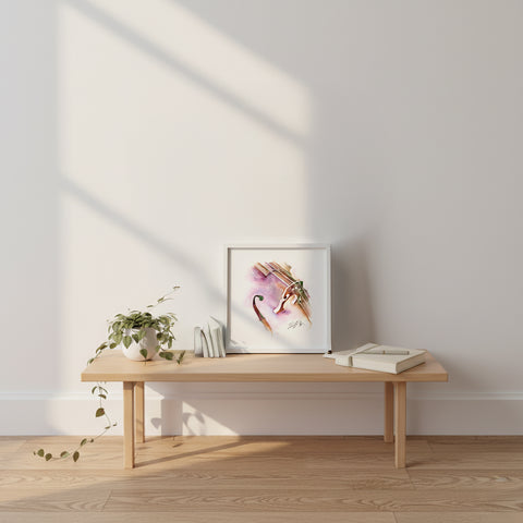Wooden bench with violin art with a plant and books against a white wall