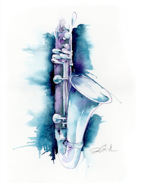 Artistic watercolor depiction of a instrument with blue and purple hues on a white background.
