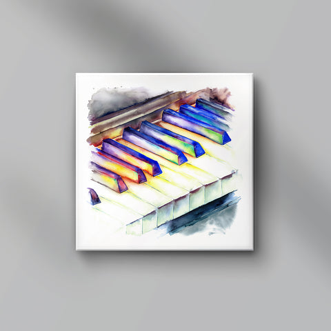 Colorful piano keys painting on a gray background