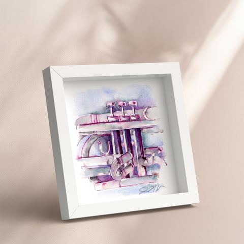 Framed watercolor painting of a euphonium scene on a beige wall