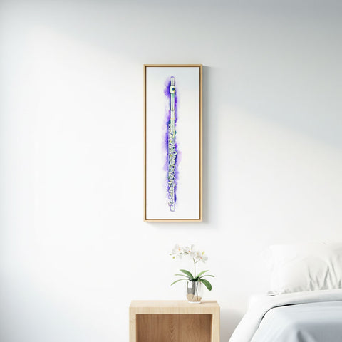 Framed artwork of a flute on a white wall above a bed with a wooden nightstand.