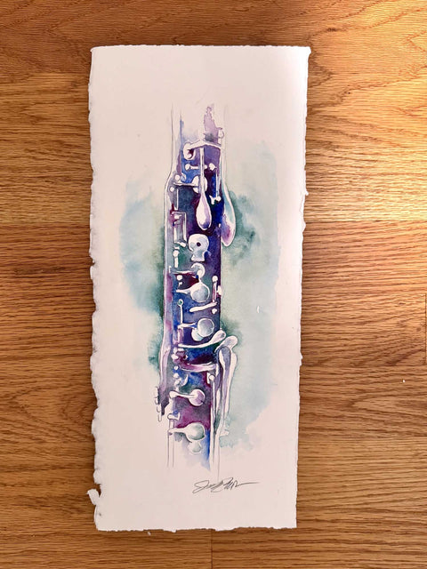 Artistic depiction of a flute on a watercolor background, placed on a wooden surface.