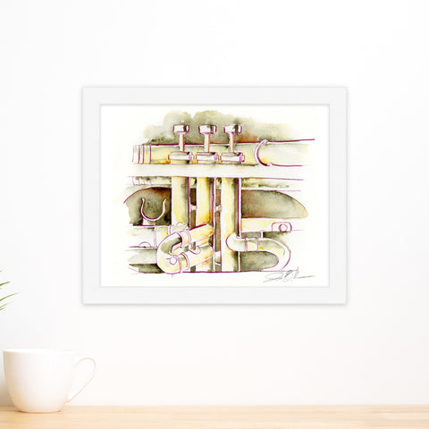 Framed abstract artwork of a coronet on a white wall with a white shelf below.
