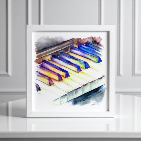 Framed artwork of a colorful piano keyboard on a white wall.