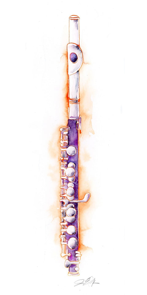 Decorative piccolo with purple and gold accents on a white background