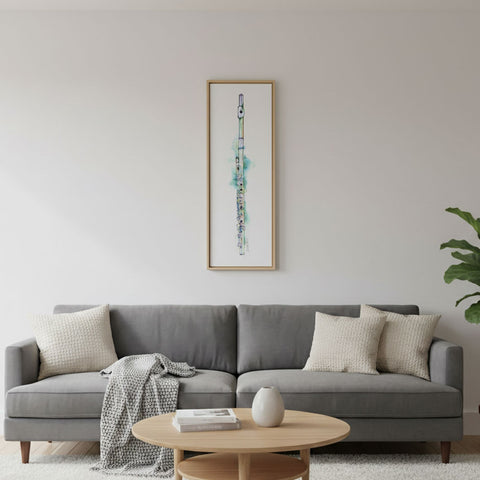 Gray sectional sofa in a living room with a round wooden coffee table painting of a flute
