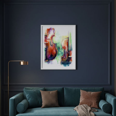 Colorful abstract painting on a dark wall above a teal sofa with cushions.