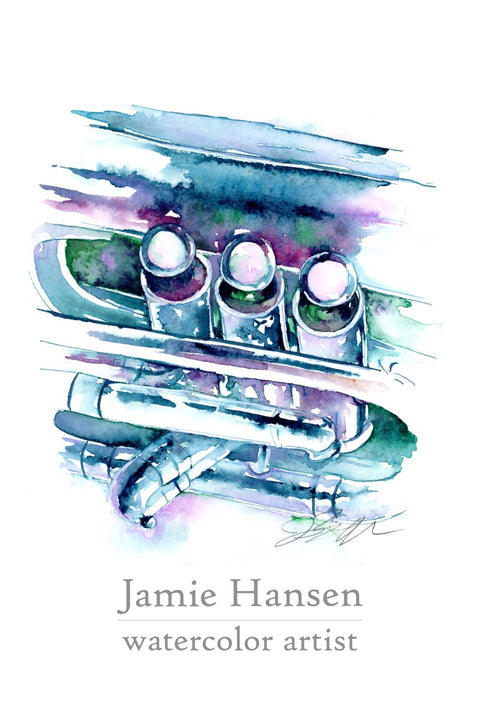 Watercolor illustration of a trumpet with Jamie Hansen's signature and name on a white background