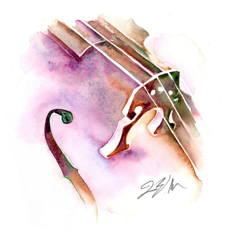 Abstract painting of a violin with watercolor textures on a white background