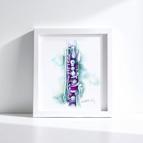Framed artwork of a colorful abstract clarinet design on a white background