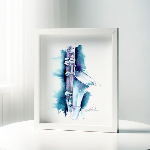 Framed artwork of an alto clarinet with watercolor design on a white background