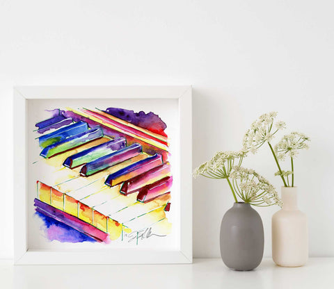 Colorful Piano watercolor in white frame