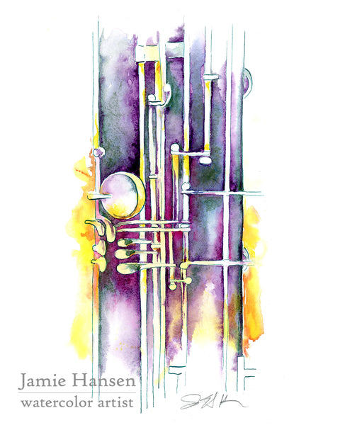 a small watercolor illustration of a colorful contrabassoon