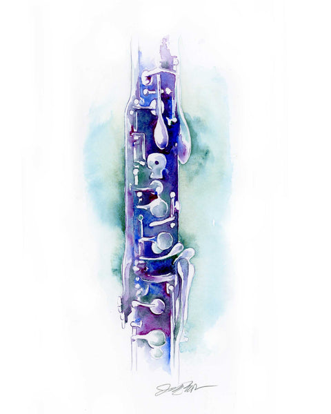 Colorful abstract depiction of a clarinet on a white background