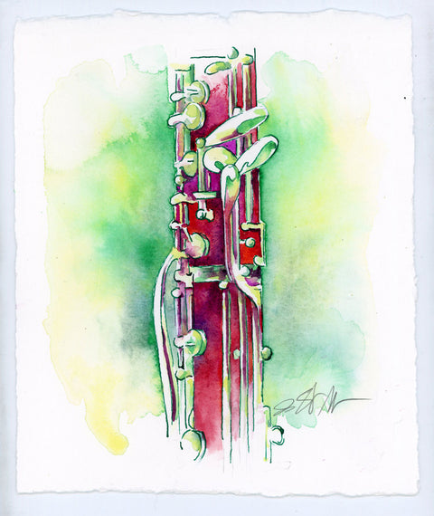 Colorful watercolor illustration of a English Horn on a white background