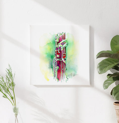 Colorful watercolor painting of a english horn on a white background with plants on either side.