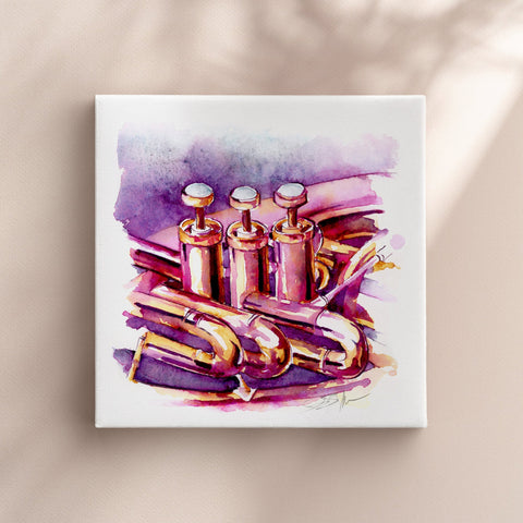 Watercolor painting of a mellophone on a beige background