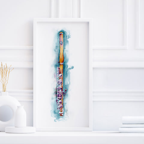 Framed abstract piccolo artwork with colorful brushstrokes on a white wall.